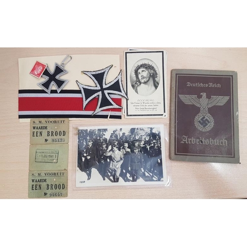 297 - Collection of German World War II Items - Iron Cross, Flash, Bread Vouchers Postcard etc.