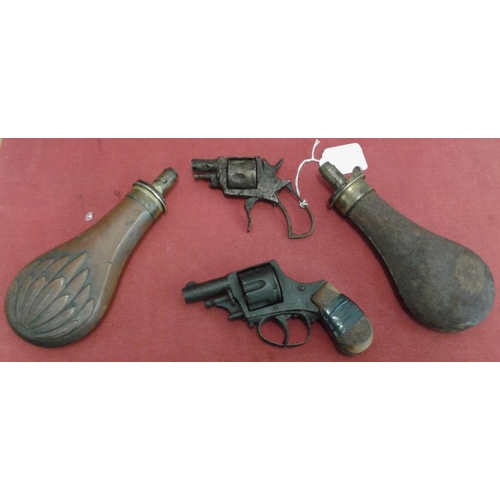 318 - Two old small Revolvers and Two Shot Flasks (A/F)