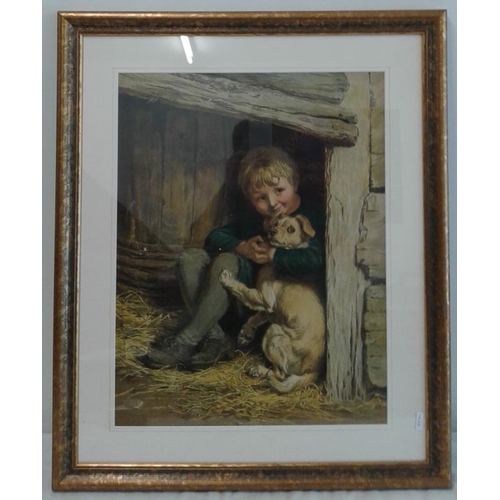 377 - Print of a Boy with a Dog, c. 22.5 x 27in