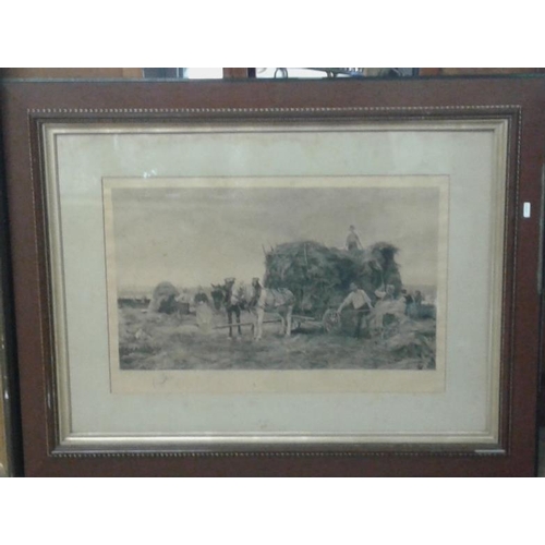 486 - Print of Hay Loading Horses Cart' in Wooden Frame with Ornate Detail - Overall c. 38 x 30ins