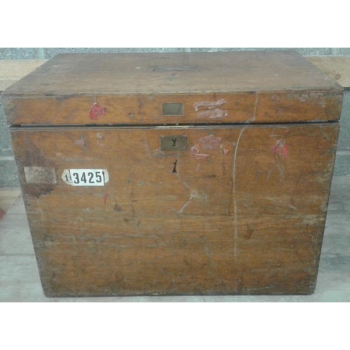 523 - Victorian Oak Military Trunk - the lid with inset brass panel which reads 