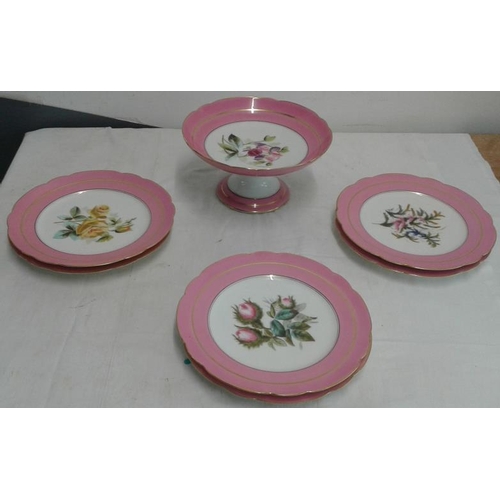 569 - Fine Quality Pink Porcelain Dessert Set with Handpainted Flowers - c. 1870 (six plates and a Comport... 