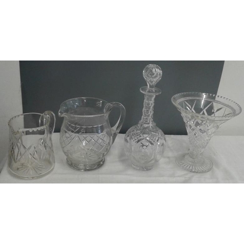 572 - Two Cut Glass Water Jugs, Trumpet Glass Vase and a Cut Glass Sherry Decanter