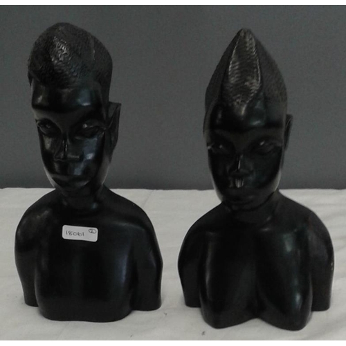 575 - Two Carved Wooden African Busts of Male and Female, c.8in tall