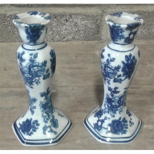 582 - Pair of Blue & White Candlesticks, c.8in tall