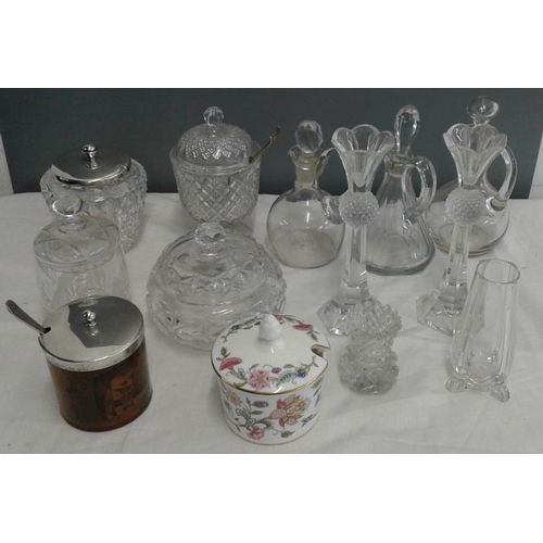 583 - Collection of Old Jam Pots, Cut Glass and Delph along with Oil Bottles and Glass Candlesticks