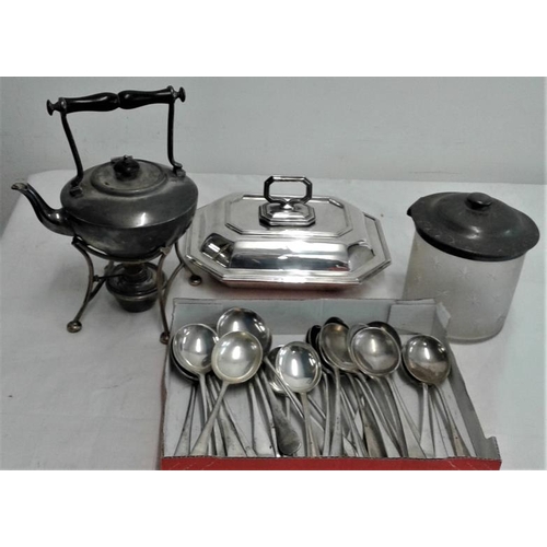 589 - Plated Entree Dish, Glass Biscuit Box, a Spirit Kettle (complete) and a Collection of Hotel Soup Spo... 