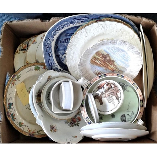 604 - Boxed Lot of Old Plates, Dishes, etc. to include Masons, Dresden, etc.