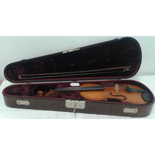 616 - Old Violin in Inlaid Wooden Case (with key)