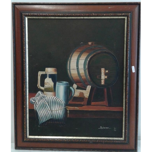 642 - Two Still Life -  Barrel on Table (c. 25 x 21.5ins) and Fruit on Table  (c. 8.5 x 10.5ins)