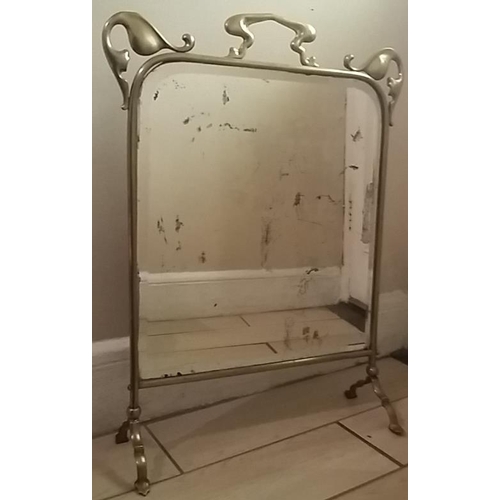 670 - Vintage Art Nouveau Style Brass Fire Guard with Old Mirror Panel