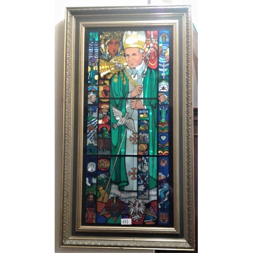 492 - Stained Glass Panel depicting Pope John Paul II in a Gilt Frame, c.19 x 36in