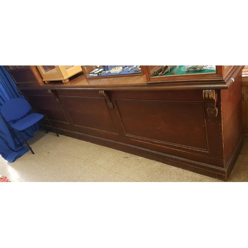 341A - Victorian Mahogany and Pine Shop Counter with Coloured Glass and Pine Clerk's Section - c. 11ft long