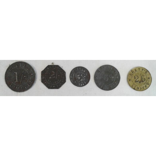 26 - GB Token, Bretts Limited London, 2/6, 2 Shillings, 1 Shilling, 6 Pence and 3 Pence (5)