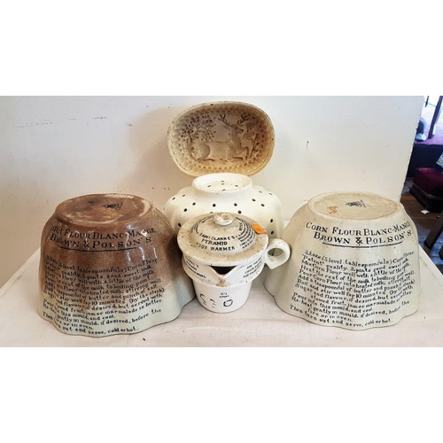 450 - Two Brown & Polson's Blanc Mange Moulds, a pie mould, a food warmer and one other bowl (5)