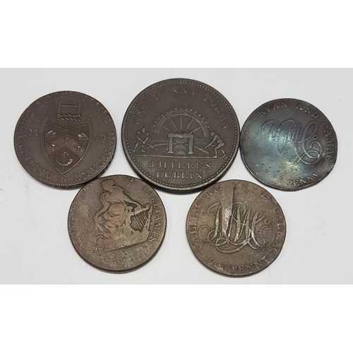 8 - J Hilles Dublin One Penny Token and Four Other Irish Tokens - Five