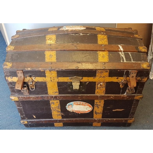 659 - Edwardian Wood and Canvas Bound Dome Topped Shipping Trunk with Cunard Line Labels