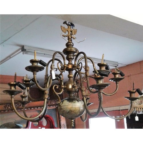 739 - Ten Light Old Brass Dutch Style Chandelier with two Tiers of Branches and Double winged Eagle