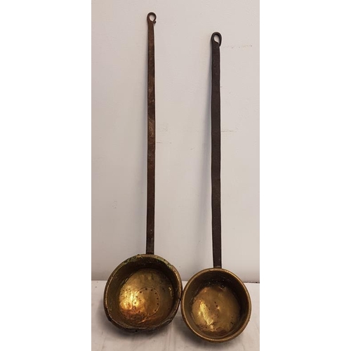 6 - Two 19th Century Long Handle Brass Saucepans, c.25in handles
