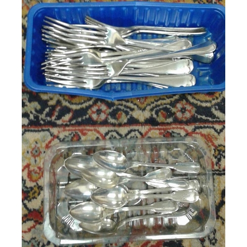 11 - Collection of old English Silver Plate Forks and Eight French Ribbon Pattern Teaspoons