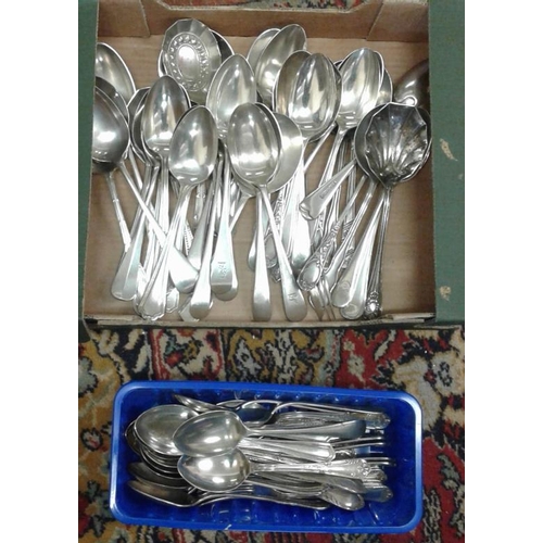 16 - Large Collection of Old Serving and Table Spoons and Box of Ornate Cutlery