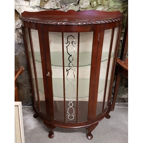 42 - 1970's Mahogany Half Moon Display Cabinet with rope edge detail and pad feet, c.36in wide, 46in tall