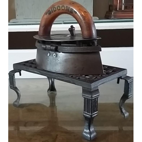 18 - Antique 'Siddons' Box Iron and Trivet Stand with Hot Stones