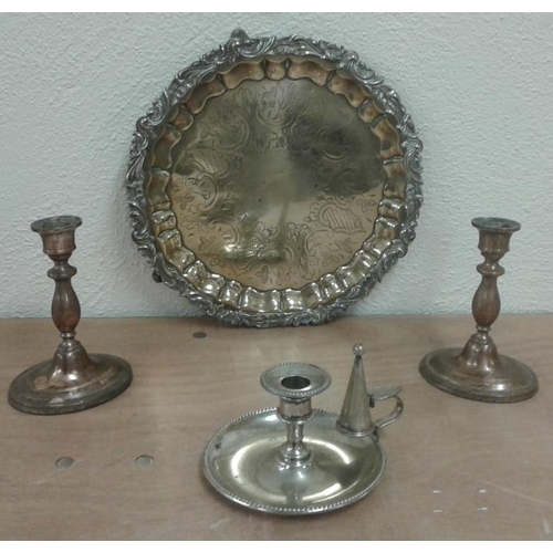 27 - Early 18th Century Salver, Pair of Georgian Candlesticks and a Chamber Stick with Snuffer