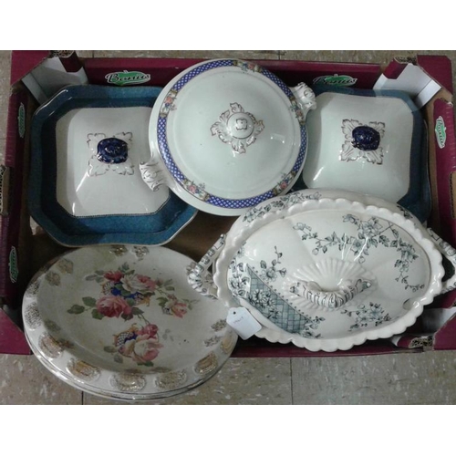 72 - Good Pair of Booths Square Tureens, Victorian Soup Tureen and Two Rose Decorated Bread Platters