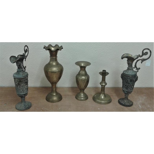 115 - Two Brass Vases, Brass Candlestick and Two Urn Vases with Handles
