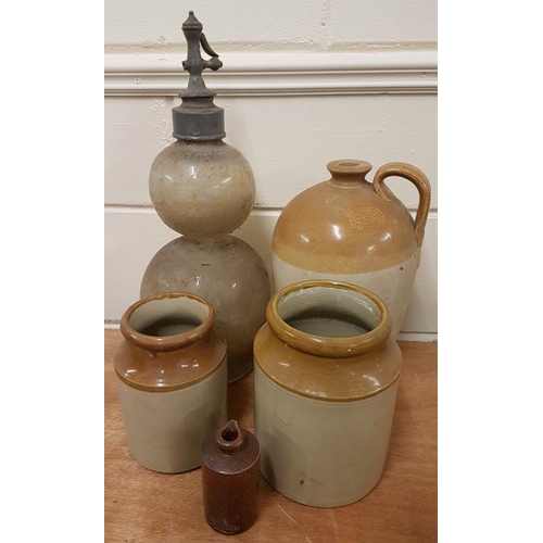 119 - Four Stoneware Jars/Bottles and a Large Glass Soda Syphon