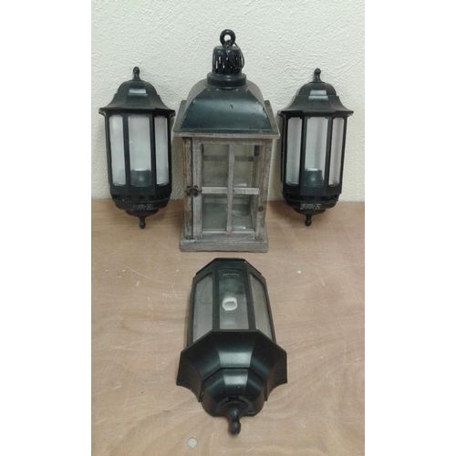 124 - Wooden Lantern and Three New Wall Light Fittings