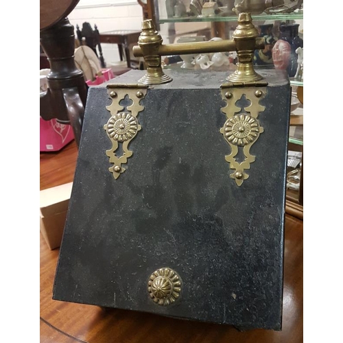 187 - Edwardian Brass Mounted Black Metal Coal Box, c.10.5in wide, 15in tall