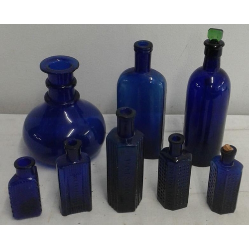 217 - Collection of Eight Bristol Blue Glass Bottles - mostly poison