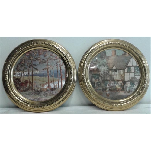 273 - Pair of Brass Circular Framed Pictures, c.12in diam
