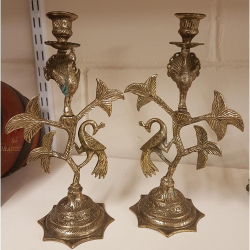 284 - Pair of Decorative Brass 'Peacock' Candlesticks c. 10.5ins tall