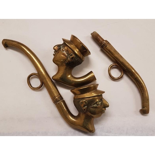 316 - Pair of 19th Century Cast Brass Tobacco Pipes with Man wearing Peaked Hat Detail