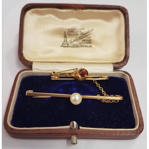 322 - 15ct Gold Bar Brooch with a Single Pearl (c.2.8grams) and a Yellow Metal 