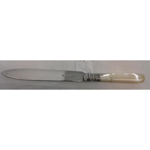 348 - Cake Knife with Mother of Pearl Handle, Silver Plated Blade and a Silver Collar