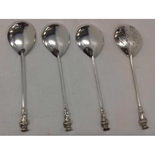 355 - Set of Victorian Silver Apostle Spoons 3 serving & 1 straining. Fig shaped and Hallmarked 
 Sheffiel... 