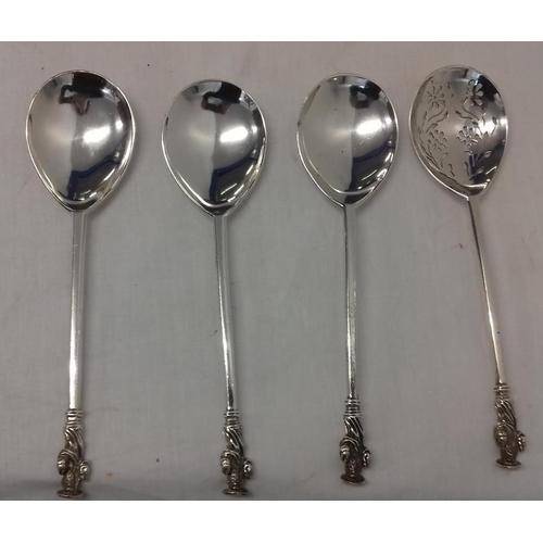 355 - Set of Victorian Silver Apostle Spoons 3 serving & 1 straining. Fig shaped and Hallmarked 
 Sheffiel... 