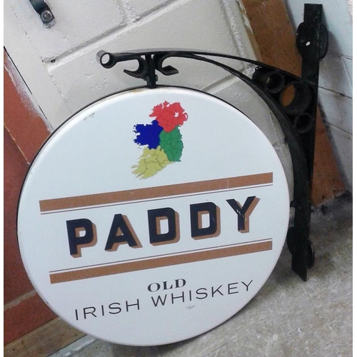 198a - Circular 'Paddy Whiskey' Double Sided Advertisement on metal bracket, c.27 x 28in