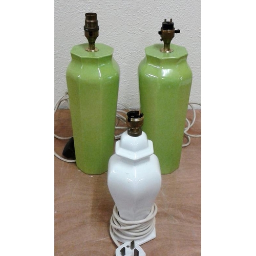 39A - Pair of Table Lamp Bases (Green) c.14in tall and One Other