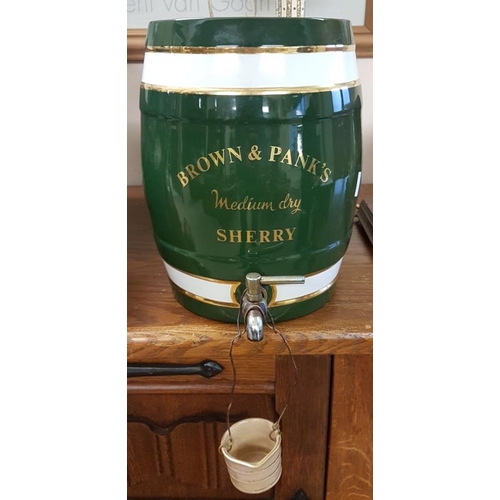 250A - Green Sherry Barrel with tap and drop pot, c.12in tall