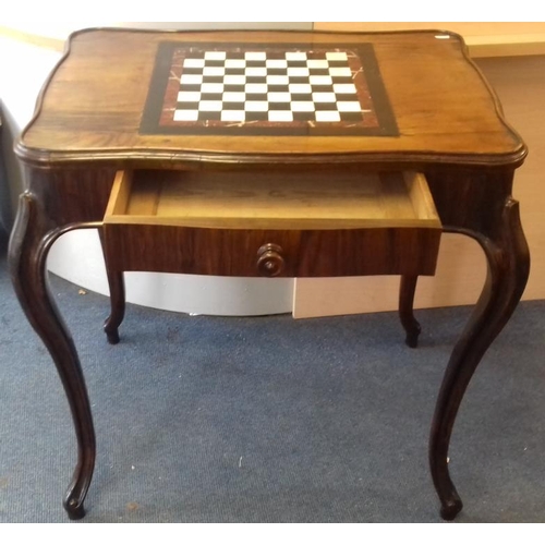 388 - French Walnut Games, Inlaid Marble Chess Board, frieze drawer, c.29in wide, 21in deep, 30.5in tall