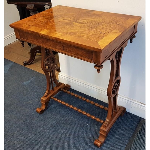 394 - Fine Quality Burr Walnut Works Table with single frieze drawer, c.24 x 16.5 x 29in tall
