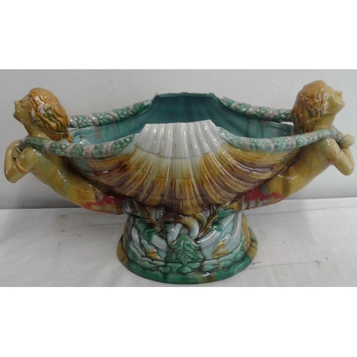 404 - Large and Impressive Majolica Mermaid and Shell Design Fan Vase, c.22in wide, 12in tall