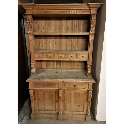 464 - Large Pine Two Part Farmhouse Kitchen Dresser with open shelves over a base with two drawers and two... 