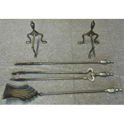473 - Set of Three Brass Fire Irons and Fire Dogs