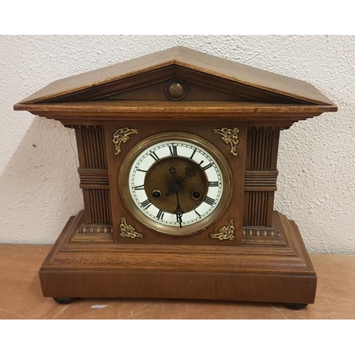 478 - Traditional Oak Case 'Pillar' Mantle Clock (working), c.14in tall